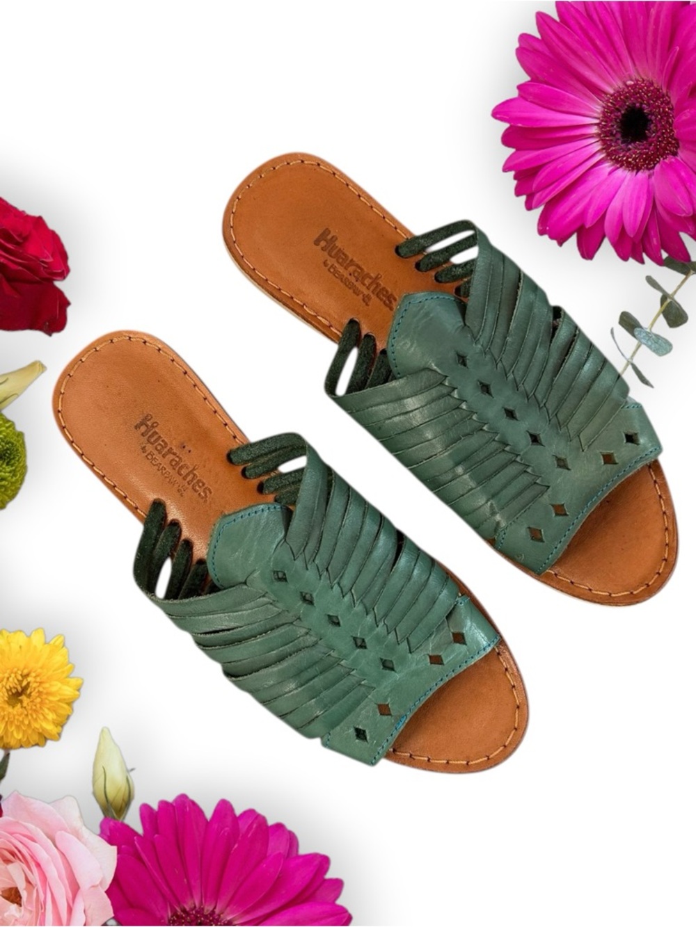 BearPaw Rosa Slip-On Strappy Sandals Green Boho Woven Leather Slide Sandals